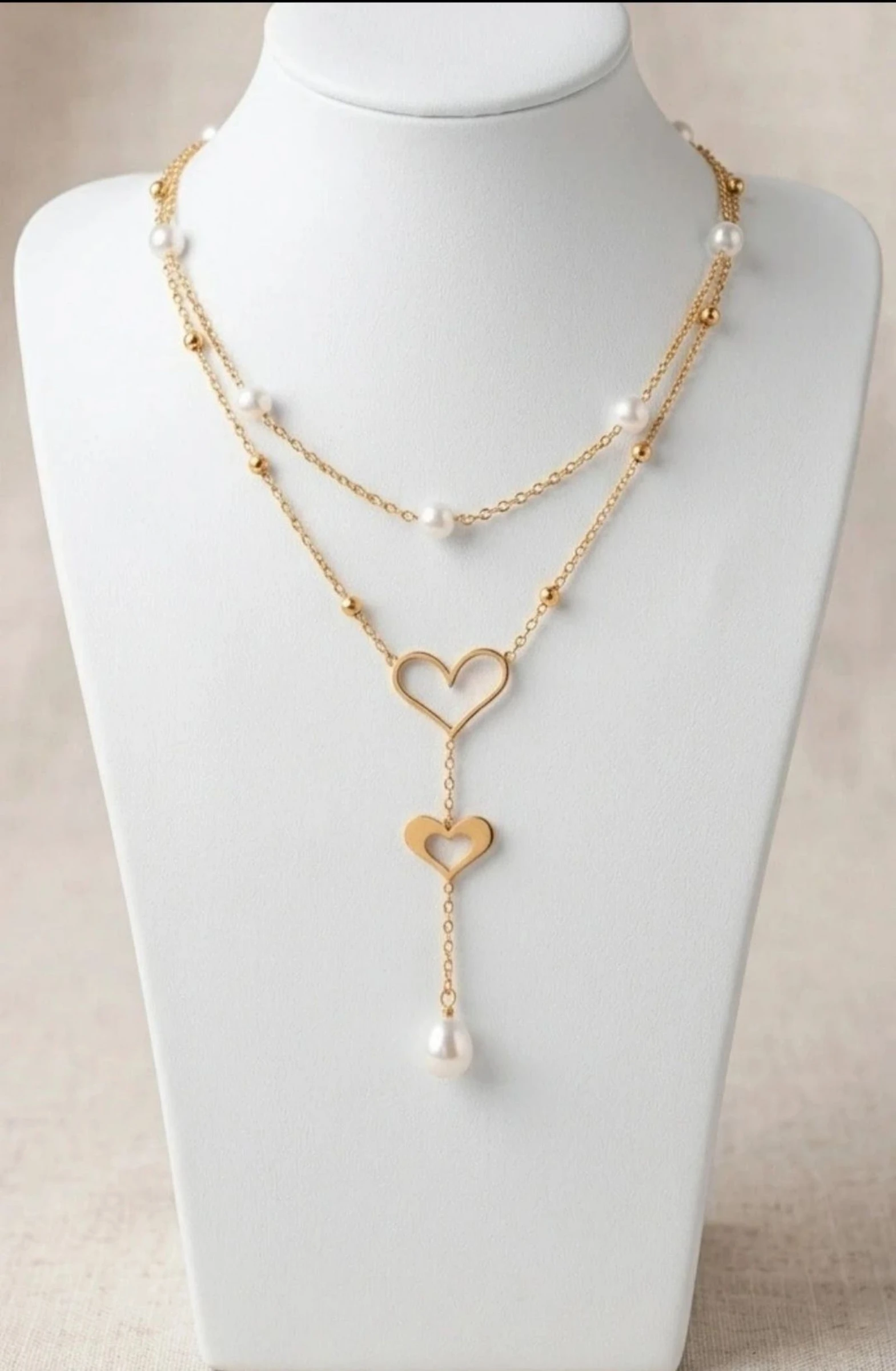 Colar duplo dourado com pérolas em aço inoxidável 
